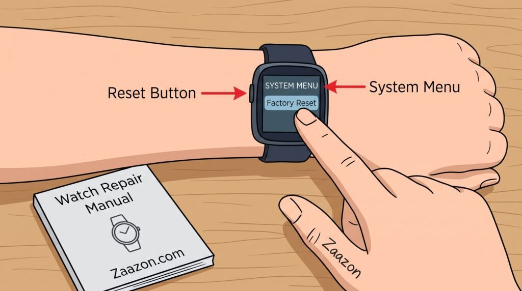 selecting factory reset option in digital smart watch system menu