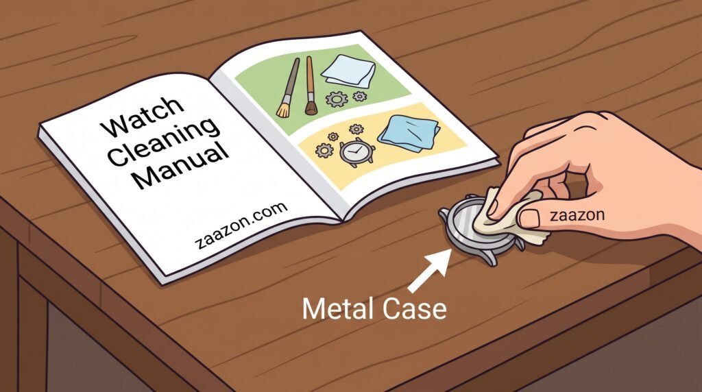 Wiping a metal wristwatch case dry with a microfiber cloth