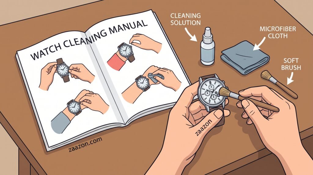 Featured image showing a neat wristwatch cleaning kit on a light coffee-chocolate wooden table with corner edge, cleaning tools, and a clear watch face showing dial hands and hour markers