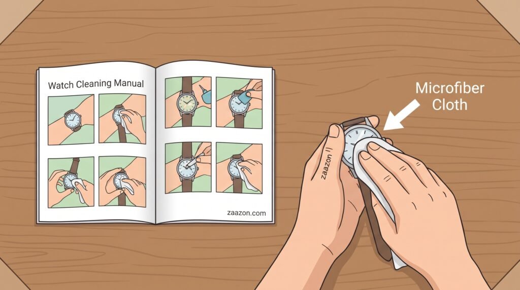 Wiping dust off a wristwatch glass screen with a soft microfiber cloth