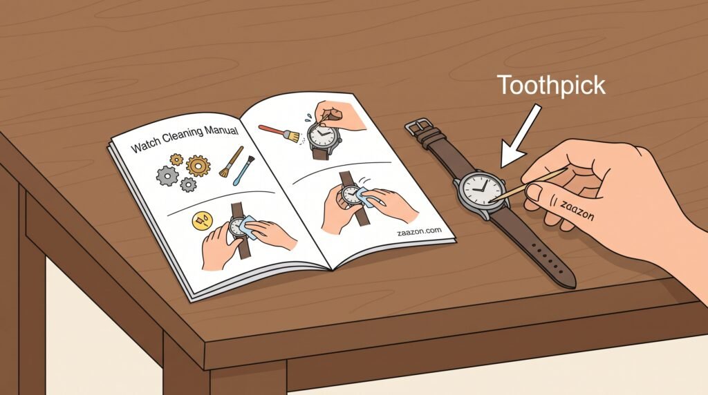 Using a wooden toothpick to clean dirt out of watch case grooves