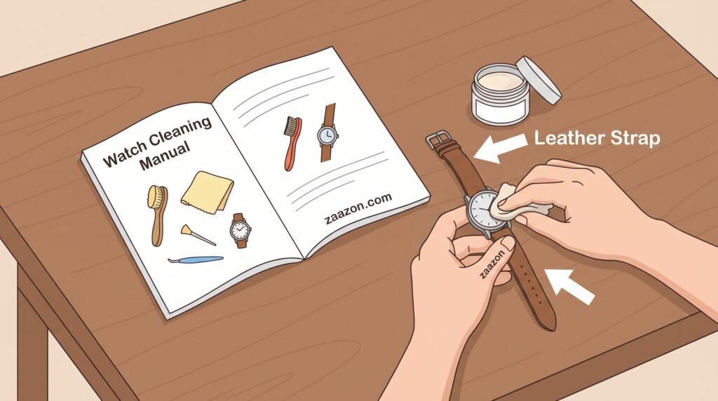 Applying leather conditioner to a brown watch strap