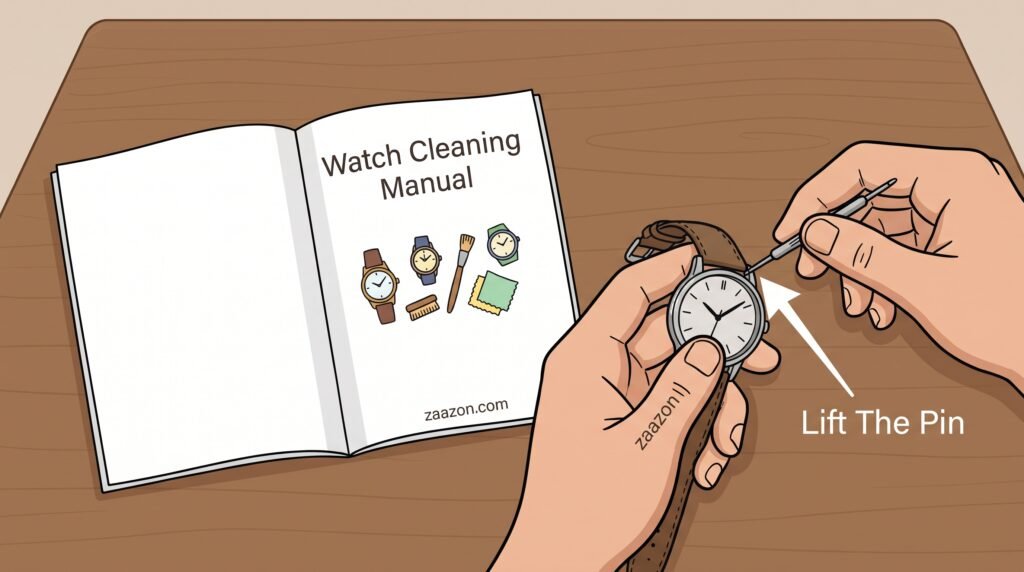 Removing a leather strap from a wristwatch case before cleaning