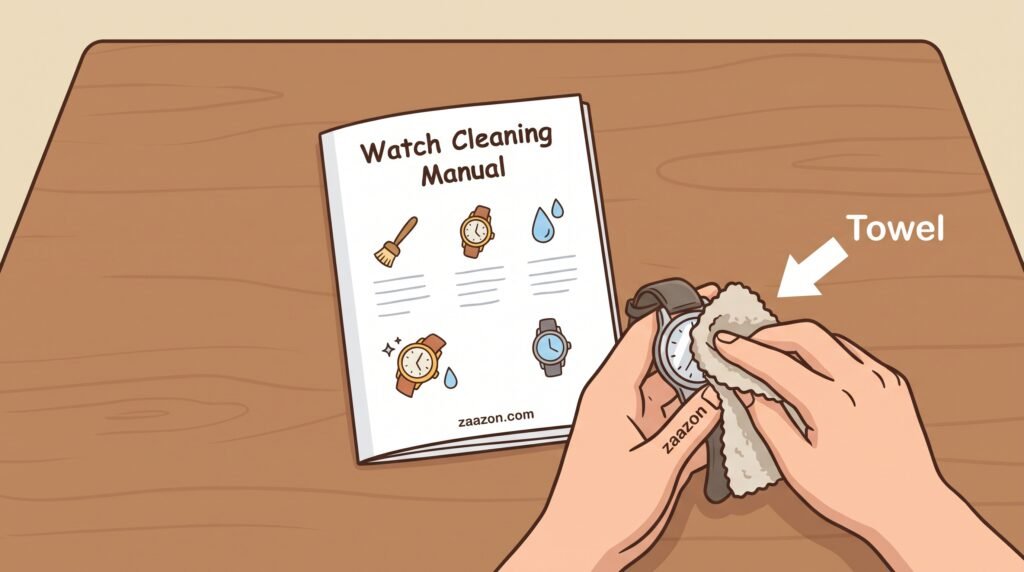 Drying a clean wristwatch thoroughly with a soft towel