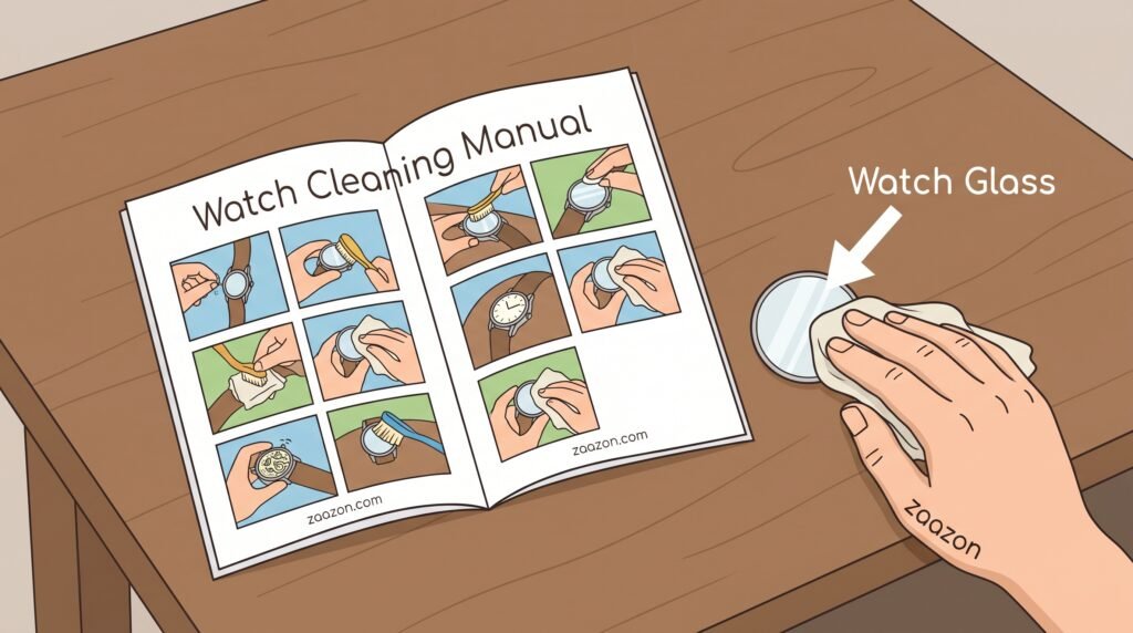 Polishing a watch glass screen with a dry cloth to shine