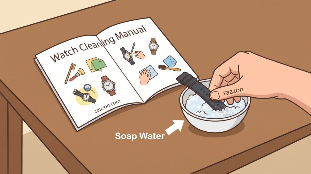 Washing a rubber sport watch strap in soapy water