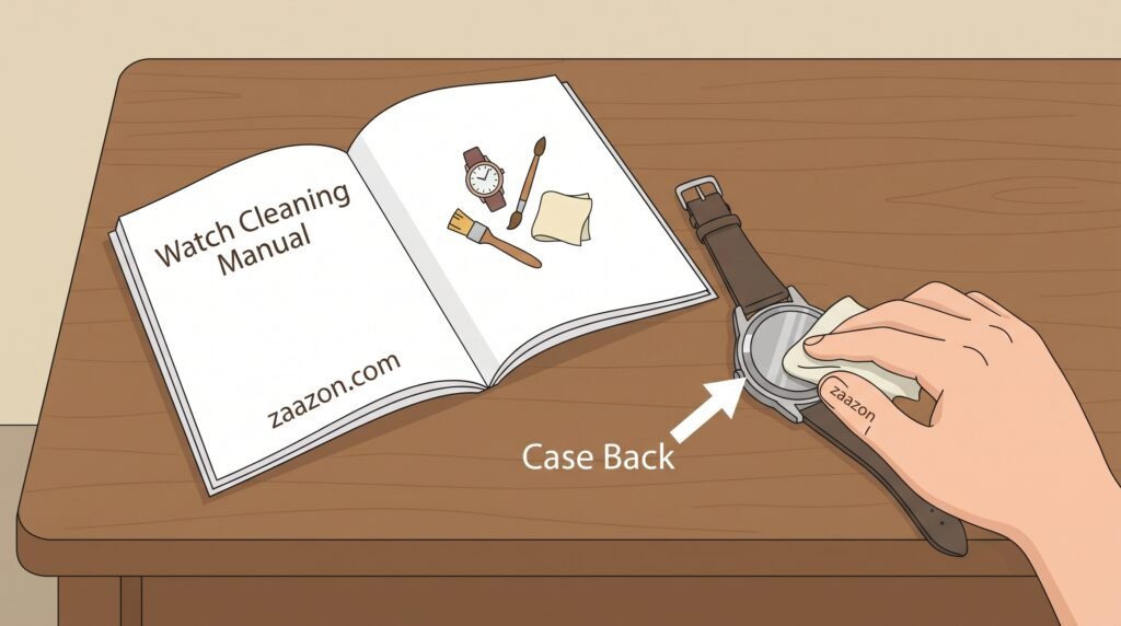 Cleaning a watch case back carefully with a cloth