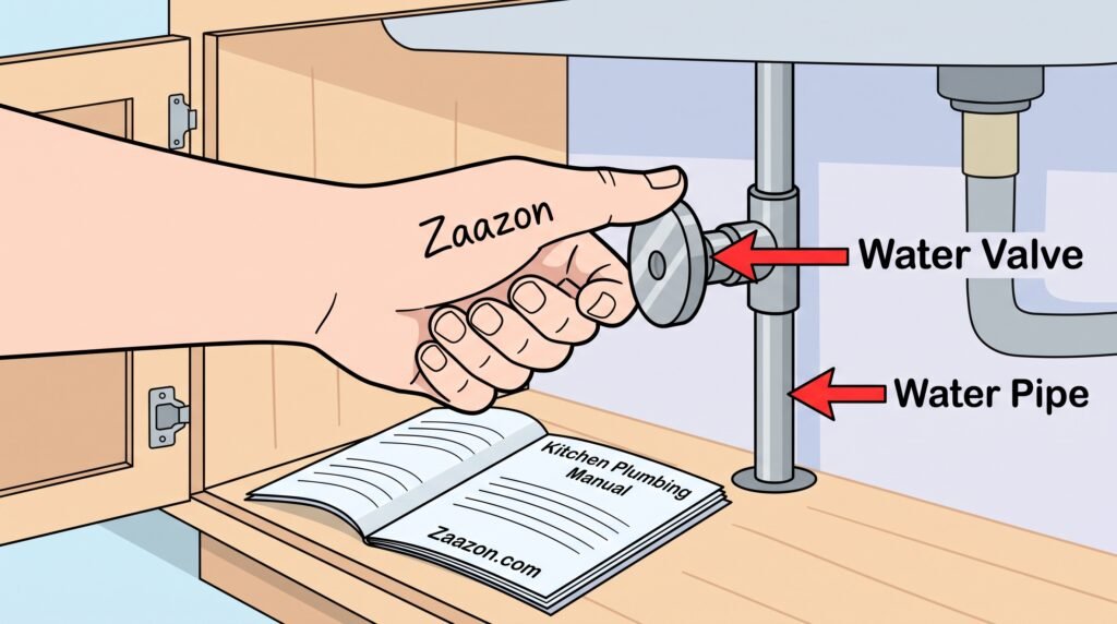 how to fix a leaking kitchen faucet, Hand turning a metal water valve handle under a kitchen sink clockwise